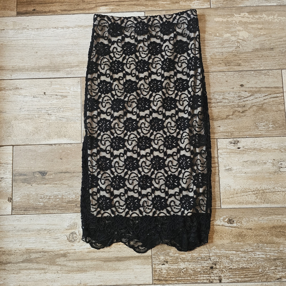 Material Girl Black Lace Overlay Pencil Skirt with Nude Underlayer